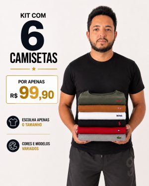 KIT COM 6 CAMISETAS BÁSICAS BORDADA  VARIADAS – KTCBB06
